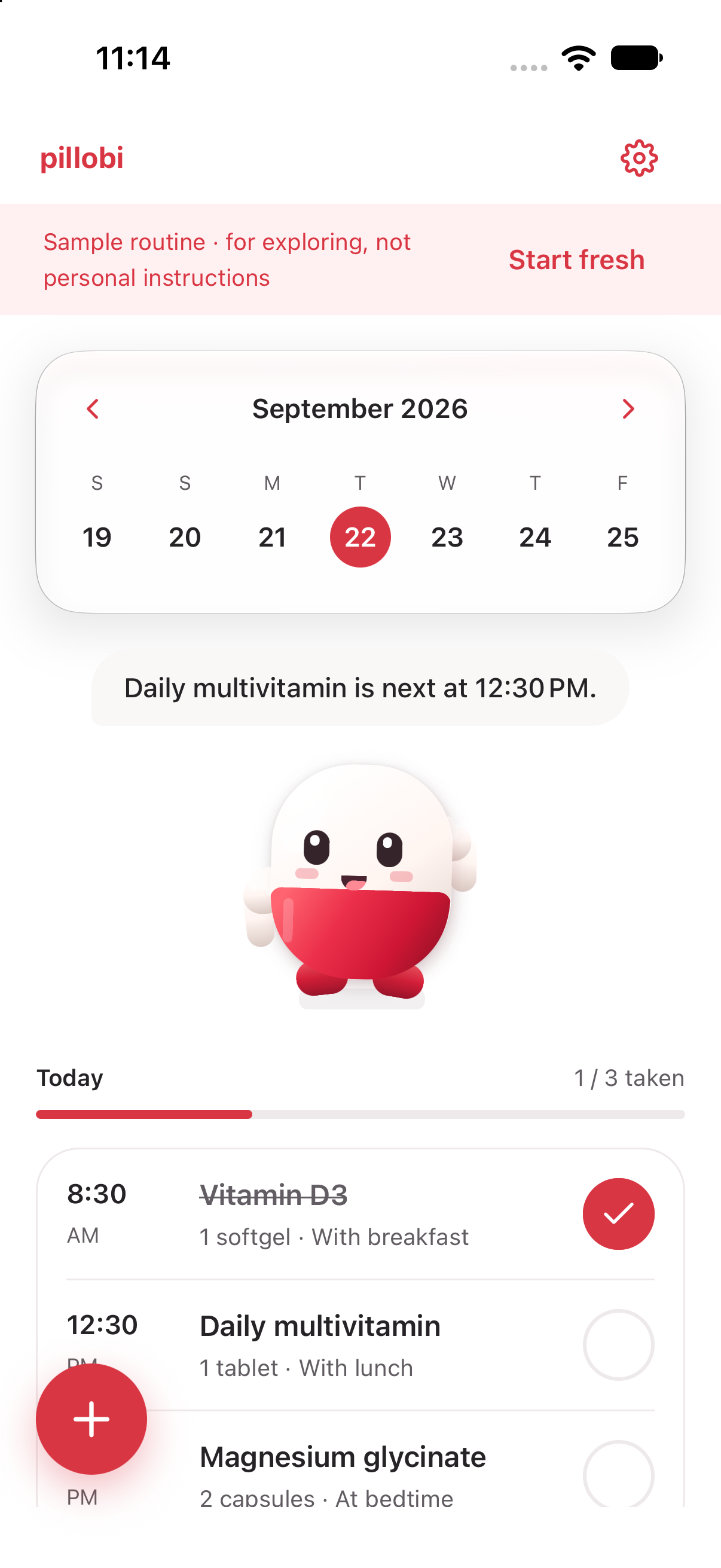 Pillobi today screen showing a simple medicine and supplement routine