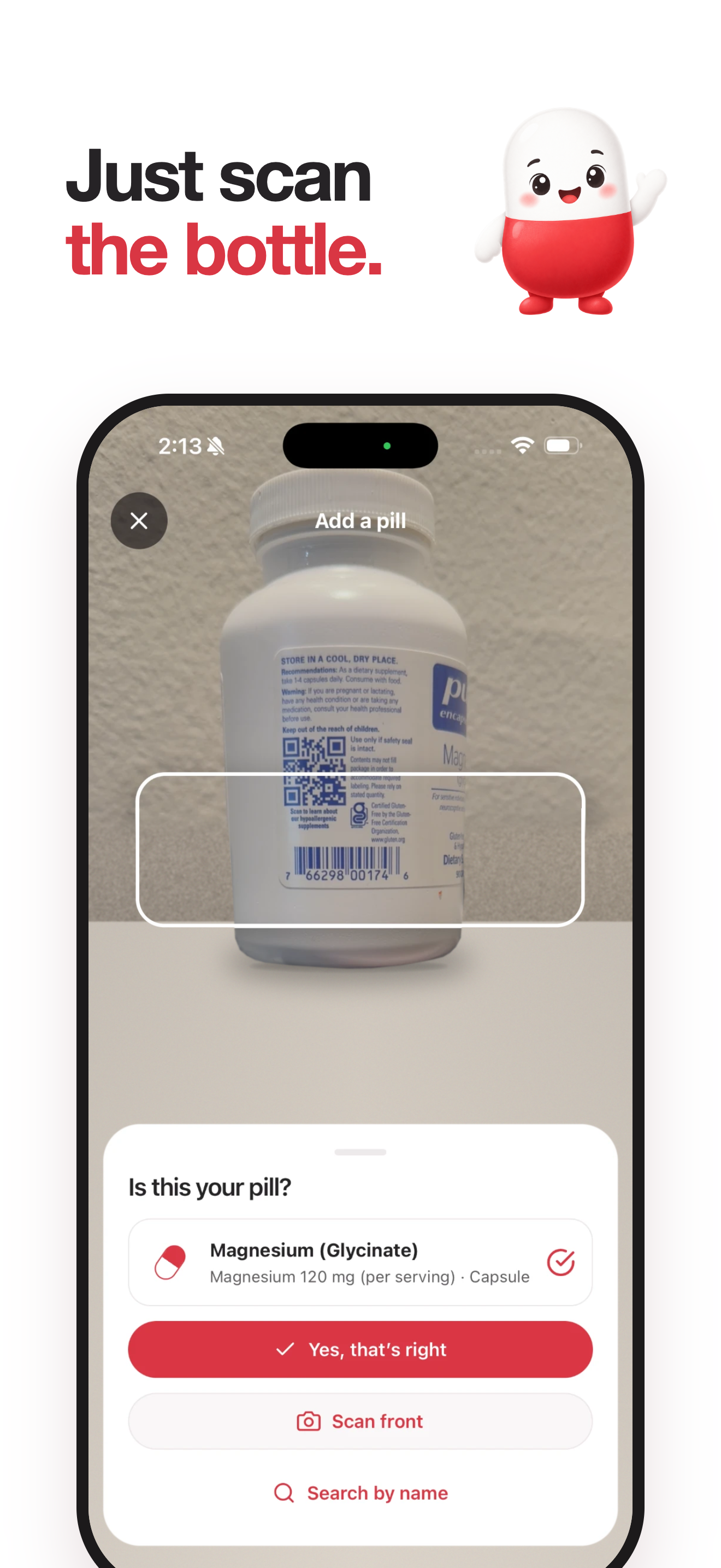Pillobi scanning a supplement bottle and asking for confirmation